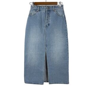 ROLLAS Womens Denim Maxi Skirt Light‎ Wash Button Fly Front Slit Size 25